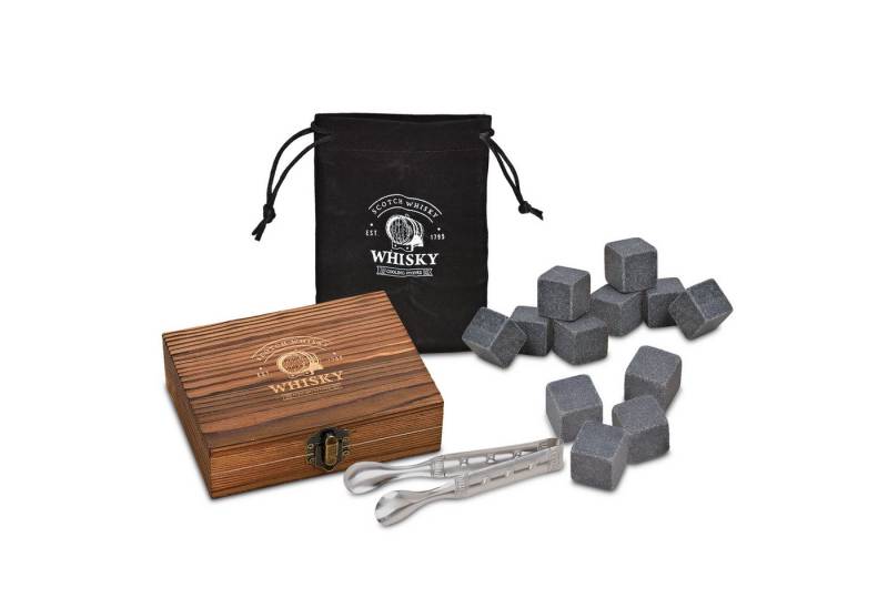 Woma Eiswürfel-Steine Basalt Whisky Steine Geschenk Set in edler Holzbox - 14-teilig, Wiederverwendbare Kühlwürfel inklusive Zange und Samtbeutel von Woma