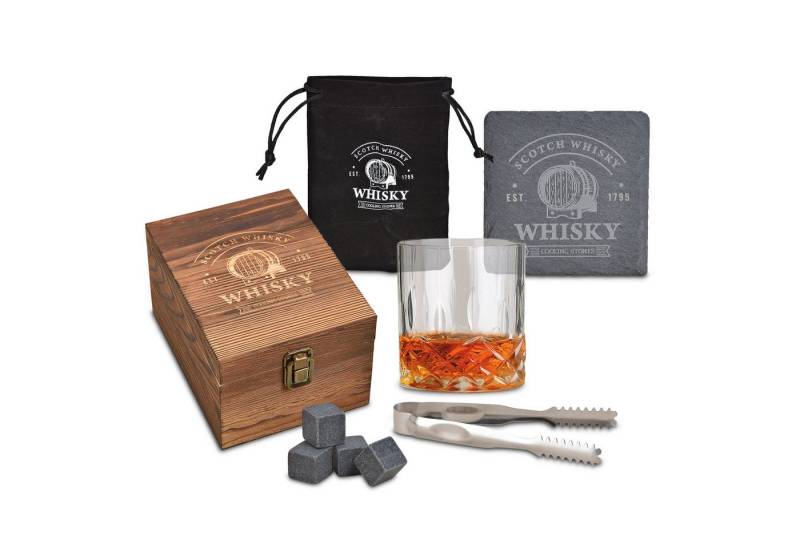 Woma Eiswürfel-Steine Basalt Whisky Steine Geschenk Set in edler Holzbox - 8-teilig, Wiederverwendbare Kühlwürfel mit Glas, Untersetzer und Zange von Woma