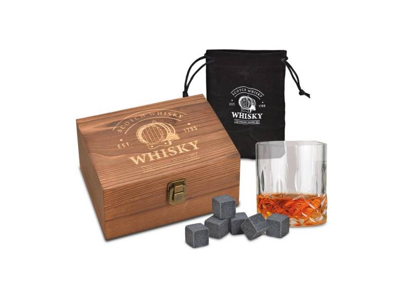 Woma Eiswürfel-Steine Basalt Whisky Steine Geschenk Set in edler Holzbox - 8-teilig, Wiederverwendbare Kühlwürfel mit Glas und Samtbeutel von Woma