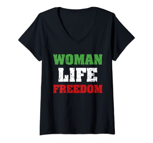 Damen WOMAN LIFE FREEDOM T-Shirt mit V-Ausschnitt Damen WOMAN LIFE FREEDOM T-Shirt mit V-Ausschnitt von Woman Life Freedom Iranische Flagge