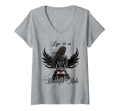 Damen Biker Girl Classic Motorrad Life is a Beautiful Ride T-Shirt mit V-Ausschnitt von Woman Motorcycle vest vintage Female Biker Girl