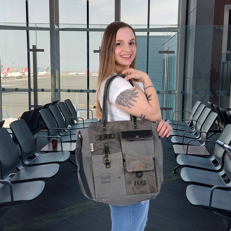 Sunsa Damen Handtaschen. Tasche Aus Canvas & Leder. Graue Nachhaltige Schultertasche. Vintage Handgelenktasche Mit Viele Fächer. Xxl Shopper von WomanInFashionDE