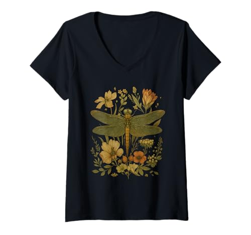 Damen Böhmische Libelle Aquarell Insektenliebhaber Natur Floral T-Shirt mit V-Ausschnitt Damen Böhmische Libelle Aquarell Insektenliebhaber Natur Floral T-Shirt mit V-Ausschnitt von Women Bohemian Floral Dragonfly Print Casual