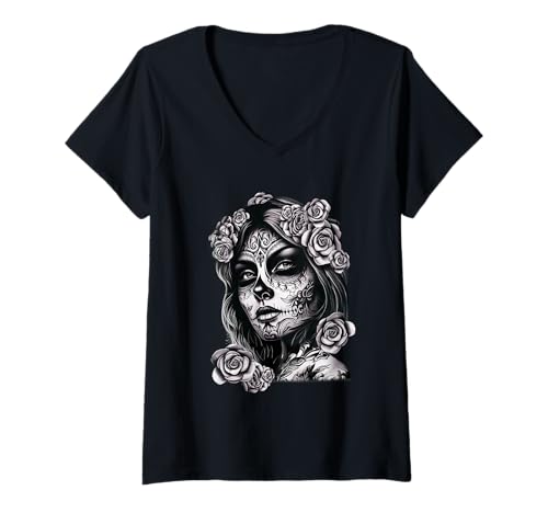 Damen Sugar Skull Damen De Los Muertos La Catrina Day Of The Dead T-Shirt mit V-Ausschnitt von Women De Los Muertos La Catrina Day Of The Dead