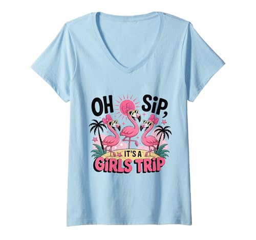 Damen Oh Sip, es ist EIN Mädchenausflug, Flamingos, Tropenurlaub T-Shirt mit V-Ausschnitt Damen Oh Sip, es ist EIN Mädchenausflug, Flamingos, Tropenurlaub T-Shirt mit V-Ausschnitt von Women Girls Trip Group Vacation Outfit T-Shirt