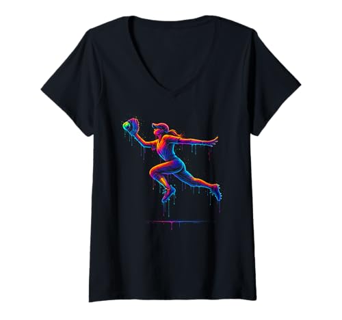 Damen Softball Outfielder Bold Outline Grafik mit intelligenten Farben T-Shirt mit V-Ausschnitt von Women's Dripping Splash Style Graphic for Players