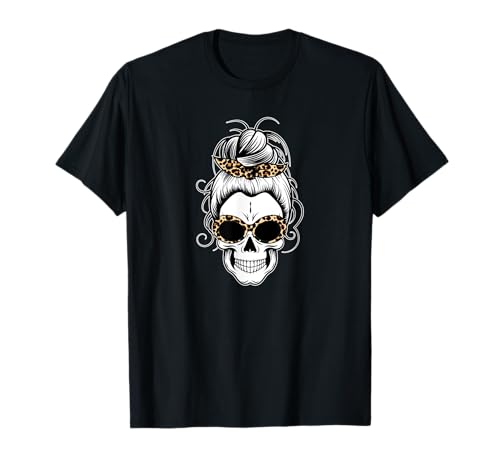 Messy Bun Skull Shirt Damen Leopard Halloween Shirt Gruppe T-Shirt von Women's Messy Bun Shirts Halloween Group Costumes