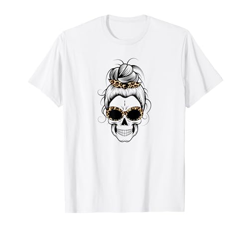 Messy Bun Skull Shirt Damen Leopard Halloween Shirt Gruppe T-Shirt von Women's Messy Bun Shirts Halloween Group Costumes