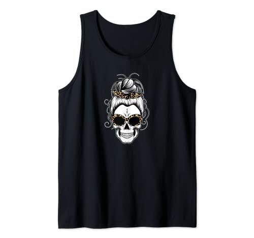 Messy Bun Skull Shirt Damen Leopard Halloween Shirt Gruppe Tank Top von Women's Messy Bun Shirts Halloween Group Costumes
