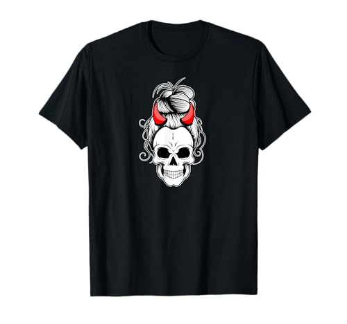 Messy Bun Skull Shirt Damen Teufel Halloween Shirt Gruppe T-Shirt von Women's Messy Bun Shirts Halloween Group Costumes