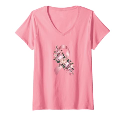 Damen Damen Pink Ribbon Shirt Floral Awareness Peonies & Blossom T-Shirt mit V-Ausschnitt Damen Damen Pink Ribbon Shirt Floral Awareness Peonies & Blossom T-Shirt mit V-Ausschnitt von Women’s Pink Ribbon Shirt Floral Awareness Design