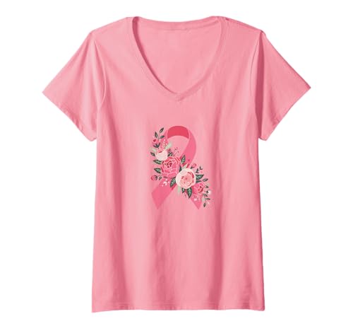 Damen Elegantes rosa Band Awareness Shirt Floral Support for Walks T-Shirt mit V-Ausschnitt Damen Elegantes rosa Band Awareness Shirt Floral Support for Walks T-Shirt mit V-Ausschnitt von Women’s Pink Ribbon Shirt Floral Awareness Support