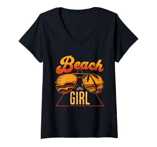 Damen Beach Girl, niedliche Piloten-Sonnenbrille T-Shirt mit V-Ausschnitt von Women's Retro Beach Fashion Ideas