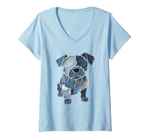 Damen Lustiger Retro-Jeans-Patch mit Hunde-Motiv T-Shirt mit V-Ausschnitt Damen Lustiger Retro-Jeans-Patch mit Hunde-Motiv T-Shirt mit V-Ausschnitt von Women's Retro Funny Denim Patch Animal Dog Tees