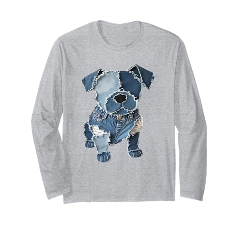 Lustiger Retro-Jeans-Patch mit Hunde-Motiv Langarmshirt Lustiger Retro-Jeans-Patch mit Hunde-Motiv Langarmshirt von Women's Retro Funny Denim Patch Animal Dog Tees