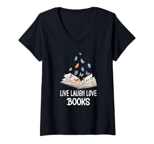 Damen Butterfly Book Live Laugh & Love Books Reading Lover Bookish T-Shirt mit V-Ausschnitt Damen Butterfly Book Live Laugh & Love Books Reading Lover Bookish T-Shirt mit V-Ausschnitt von Womens Book T Shirts About Books Reading TShirts