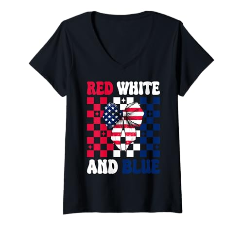 Damen 4. Juli USA Amerikanische Flagge Patriotisch Rot Weiß und Blau T-Shirt mit V-Ausschnitt Damen 4. Juli USA Amerikanische Flagge Patriotisch Rot Weiß und Blau T-Shirt mit V-Ausschnitt von Womens Coquette Bow 4th of July USA Flag Gifts