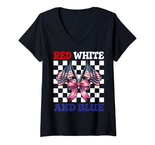 Damen 4. Juli USA Amerikanische Flagge Patriotisch Rot Weiß und Blau T-Shirt mit V-Ausschnitt Damen 4. Juli USA Amerikanische Flagge Patriotisch Rot Weiß und Blau T-Shirt mit V-Ausschnitt von Womens Coquette Bow 4th of July USA Flag Gifts