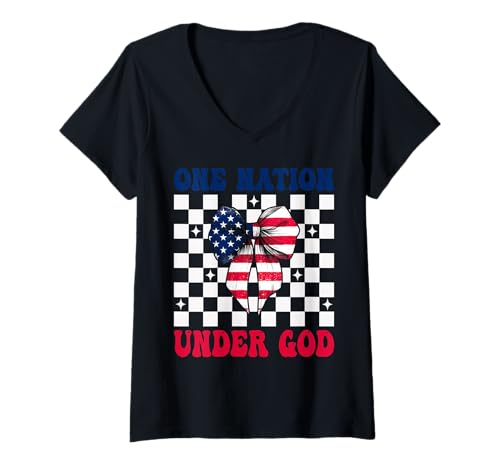 Damen 4. Juli USA Amerikanische Flagge Patriotische One Nation Under God T-Shirt mit V-Ausschnitt Damen 4. Juli USA Amerikanische Flagge Patriotische One Nation Under God T-Shirt mit V-Ausschnitt von Womens Coquette Bow 4th of July USA Flag Gifts