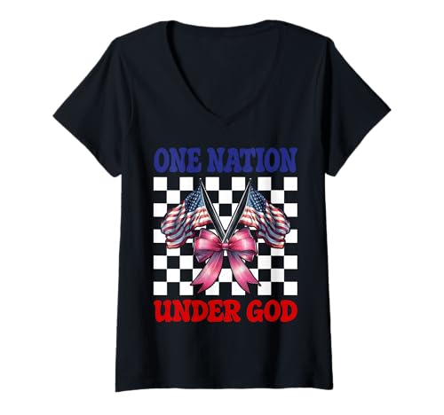 Damen 4. Juli USA Amerikanische Flagge Patriotische One Nation Under God T-Shirt mit V-Ausschnitt Damen 4. Juli USA Amerikanische Flagge Patriotische One Nation Under God T-Shirt mit V-Ausschnitt von Womens Coquette Bow 4th of July USA Flag Gifts