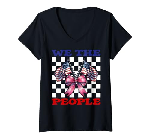 Damen 4. Juli USA Amerikanische Flagge Patriotisches Mädchen We The People T-Shirt mit V-Ausschnitt von Womens Coquette Bow 4th of July USA Flag Gifts