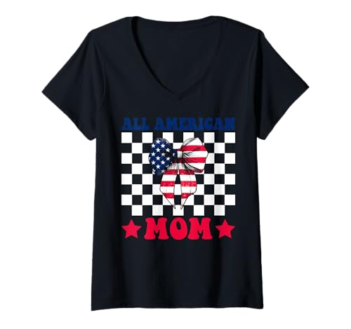 Damen All American Mom 4. Juli USA Flagge Patriotische Muttertag T-Shirt mit V-Ausschnitt Damen All American Mom 4. Juli USA Flagge Patriotische Muttertag T-Shirt mit V-Ausschnitt von Womens Coquette Bow 4th of July USA Flag Gifts