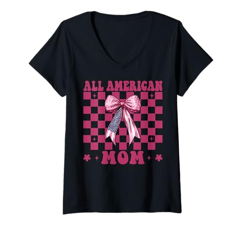 Damen All American Mom 4. Juli USA Flagge Patriotische Muttertag T-Shirt mit V-Ausschnitt Damen All American Mom 4. Juli USA Flagge Patriotische Muttertag T-Shirt mit V-Ausschnitt von Womens Coquette Bow 4th of July USA Flag Gifts