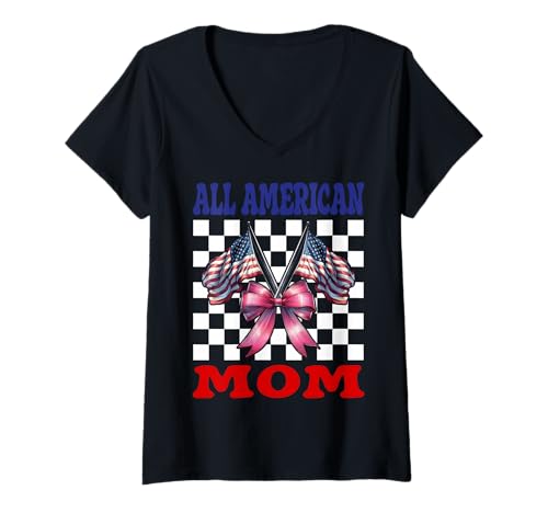 Damen All American Mom 4. Juli USA Flagge Patriotische Muttertag T-Shirt mit V-Ausschnitt Damen All American Mom 4. Juli USA Flagge Patriotische Muttertag T-Shirt mit V-Ausschnitt von Womens Coquette Bow 4th of July USA Flag Gifts