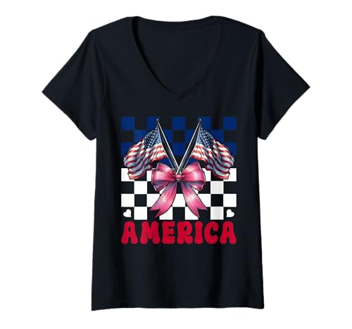 Damen Amerika 4. Juli USA Amerikanische Flagge Patriotische Mädchen Mama T-Shirt mit V-Ausschnitt Damen Amerika 4. Juli USA Amerikanische Flagge Patriotische Mädchen Mama T-Shirt mit V-Ausschnitt von Womens Coquette Bow 4th of July USA Flag Gifts