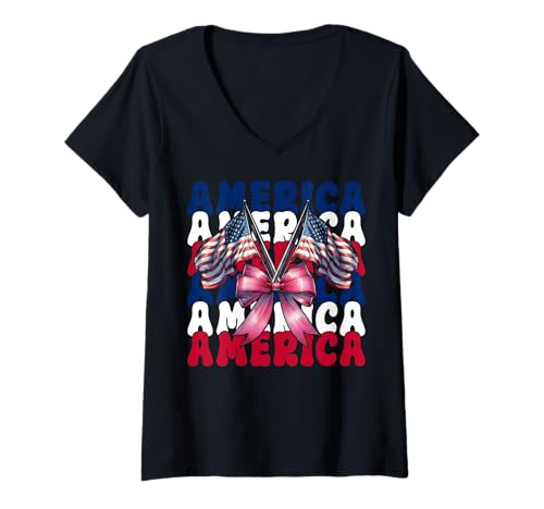 Damen Amerika 4. Juli USA Amerikanische Flagge Patriotische Mädchen Mama T-Shirt mit V-Ausschnitt Damen Amerika 4. Juli USA Amerikanische Flagge Patriotische Mädchen Mama T-Shirt mit V-Ausschnitt von Womens Coquette Bow 4th of July USA Flag Gifts