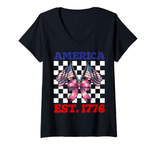 Damen Amerika Est. 1776 4. Juli USA Amerikanische Flagge Patriotisch T-Shirt mit V-Ausschnitt Damen Amerika Est. 1776 4. Juli USA Amerikanische Flagge Patriotisch T-Shirt mit V-Ausschnitt von Womens Coquette Bow 4th of July USA Flag Gifts