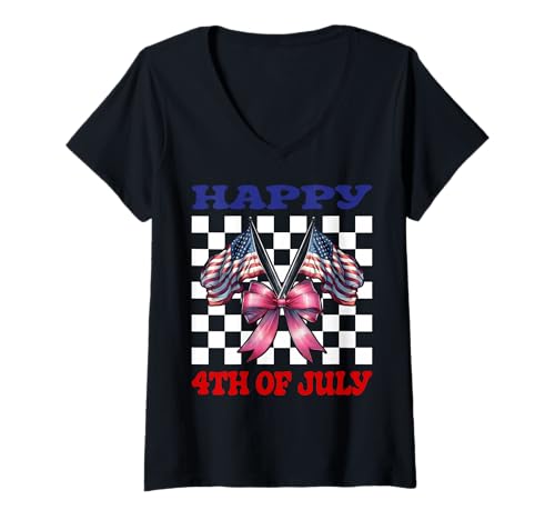 Damen Happy 4th of Juli USA American Flag Patriotic Girl Mom T-Shirt mit V-Ausschnitt von Womens Coquette Bow 4th of July USA Flag Gifts
