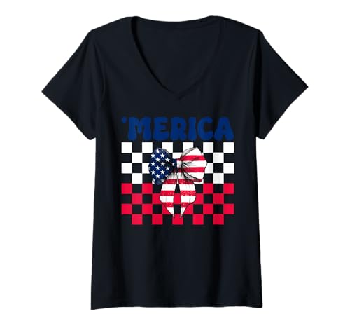 Damen Merica 4. Juli USA Amerikanische Flagge Patriotisches Mädchen Mama T-Shirt mit V-Ausschnitt von Womens Coquette Bow 4th of July USA Flag Gifts