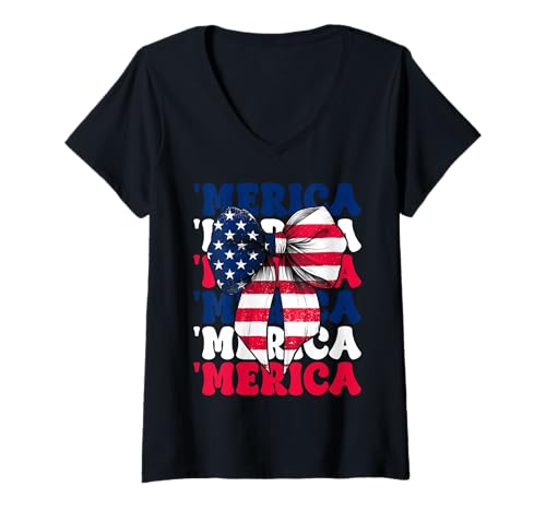 Damen Merica 4. Juli USA Amerikanische Flagge Patriotisches Mädchen Mama T-Shirt mit V-Ausschnitt von Womens Coquette Bow 4th of July USA Flag Gifts