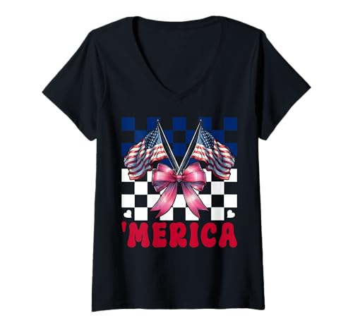 Damen Merica 4. Juli USA Amerikanische Flagge Patriotisches Mädchen Mama T-Shirt mit V-Ausschnitt Damen Merica 4. Juli USA Amerikanische Flagge Patriotisches Mädchen Mama T-Shirt mit V-Ausschnitt von Womens Coquette Bow 4th of July USA Flag Gifts
