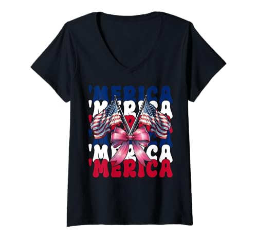 Damen Merica 4. Juli USA Amerikanische Flagge Patriotisches Mädchen Mama T-Shirt mit V-Ausschnitt Damen Merica 4. Juli USA Amerikanische Flagge Patriotisches Mädchen Mama T-Shirt mit V-Ausschnitt von Womens Coquette Bow 4th of July USA Flag Gifts