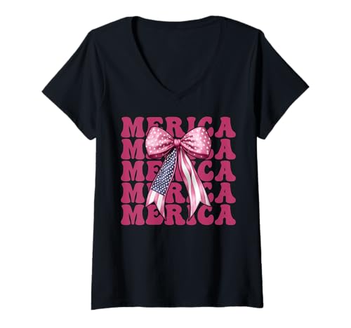 Damen Merica 4. Juli USA Amerikanische Flagge Patriotisches Mädchen Mama T-Shirt mit V-Ausschnitt Damen Merica 4. Juli USA Amerikanische Flagge Patriotisches Mädchen Mama T-Shirt mit V-Ausschnitt von Womens Coquette Bow 4th of July USA Flag Gifts