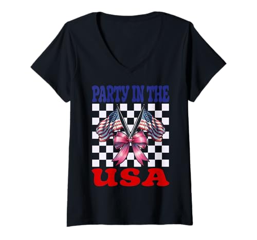Damen Party In The USA 4. Juli Amerikanische Flagge Patriotisches Mädchen T-Shirt mit V-Ausschnitt von Womens Coquette Bow 4th of July USA Flag Gifts