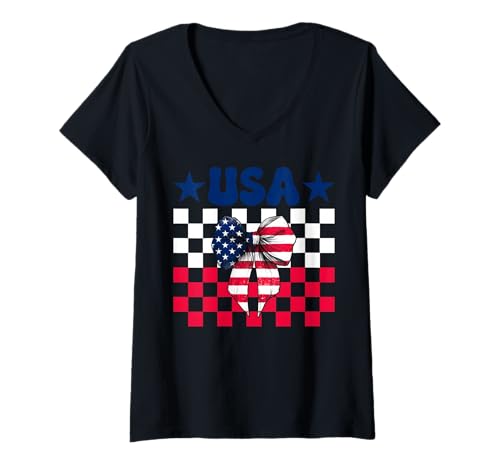 Damen USA 4. Juli Amerikanische Flagge Patriotische Mädchen Mama Kokette T-Shirt mit V-Ausschnitt Damen USA 4. Juli Amerikanische Flagge Patriotische Mädchen Mama Kokette T-Shirt mit V-Ausschnitt von Womens Coquette Bow 4th of July USA Flag Gifts