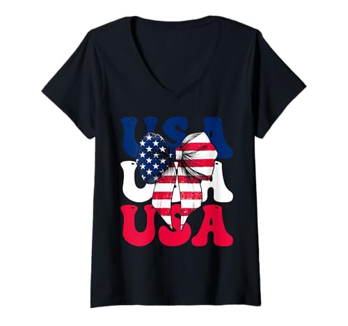 Damen USA 4. Juli Amerikanische Flagge Patriotische Mädchen Mama Kokette T-Shirt mit V-Ausschnitt von Womens Coquette Bow 4th of July USA Flag Gifts