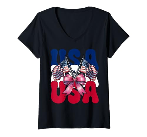 Damen USA 4. Juli Amerikanische Flagge Patriotische Mädchen Mama Kokette T-Shirt mit V-Ausschnitt Damen USA 4. Juli Amerikanische Flagge Patriotische Mädchen Mama Kokette T-Shirt mit V-Ausschnitt von Womens Coquette Bow 4th of July USA Flag Gifts