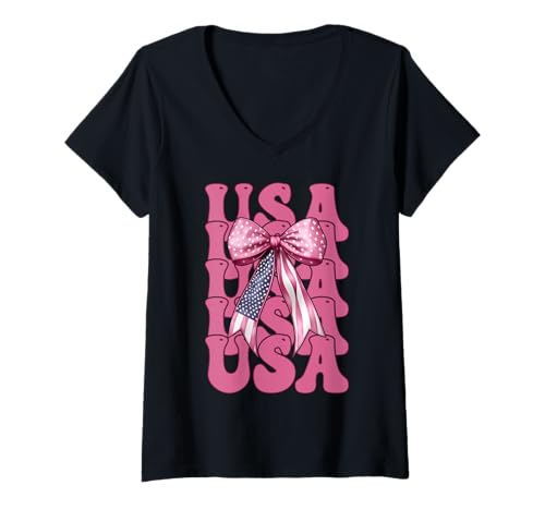 Damen USA 4. Juli Amerikanische Flagge Patriotische Mädchen Mama Kokette T-Shirt mit V-Ausschnitt von Womens Coquette Bow 4th of July USA Flag Gifts