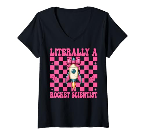 Damen Buchstäblich EIN Raketenwissenschaftler Luft- und Raumfahrtingenieur Engineering T-Shirt mit V-Ausschnitt von Womens Coquette Bow Aerospace Engineer Space Gifts
