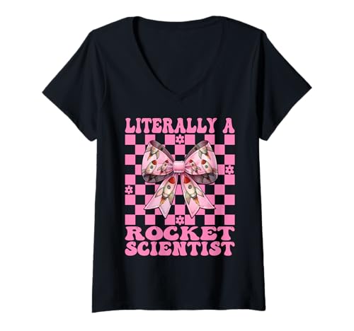 Damen Buchstäblich EIN Raketenwissenschaftler Luft- und Raumfahrtingenieur Engineering T-Shirt mit V-Ausschnitt von Womens Coquette Bow Aerospace Engineer Space Gifts