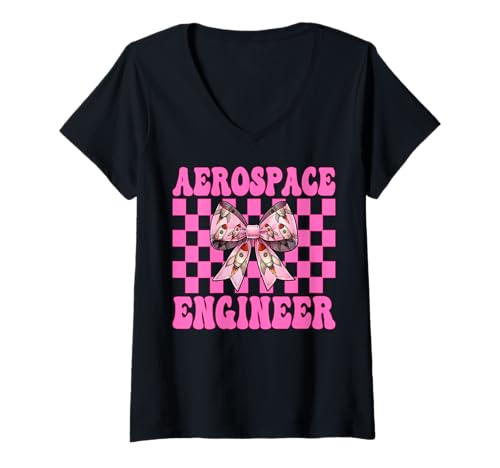 Damen Luft- und Raumfahrtingenieur Ingenieur Aeronautical Rocket Girl Mom T-Shirt mit V-Ausschnitt von Womens Coquette Bow Aerospace Engineer Space Gifts