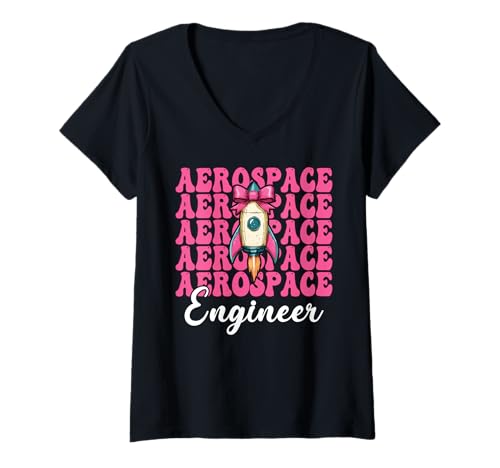 Damen Luft- und Raumfahrtingenieur Ingenieur Aeronautical Rocket Girl Mom T-Shirt mit V-Ausschnitt von Womens Coquette Bow Aerospace Engineer Space Gifts