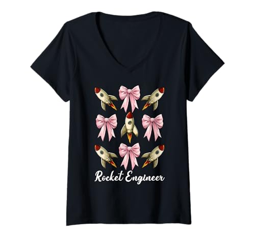 Damen Raketeningenieur Luft- und Raumfahrtingenieur Ingenieurmädchen Mama T-Shirt mit V-Ausschnitt von Womens Coquette Bow Aerospace Engineer Space Gifts