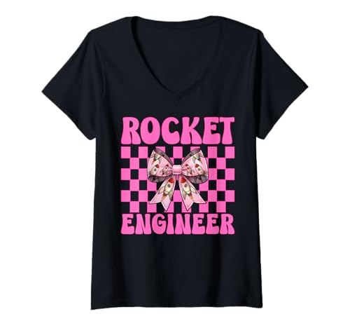 Damen Raketeningenieur Luft- und Raumfahrtingenieur Ingenieurmädchen Mama T-Shirt mit V-Ausschnitt von Womens Coquette Bow Aerospace Engineer Space Gifts