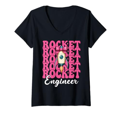 Damen Raketeningenieur Luft- und Raumfahrtingenieur Ingenieurmädchen Mama T-Shirt mit V-Ausschnitt von Womens Coquette Bow Aerospace Engineer Space Gifts