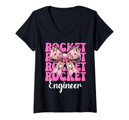 Damen Raketeningenieur Luft- und Raumfahrtingenieur Ingenieurmädchen Mama T-Shirt mit V-Ausschnitt von Womens Coquette Bow Aerospace Engineer Space Gifts